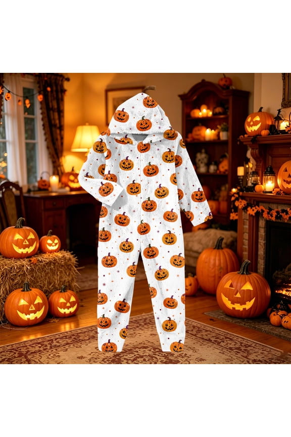 Halloween Pajamas for Kids Gilrs Size 10-12 Cozy Novelty Fall Pumpkin Ghost Hooded Flannel Pajamas Thanksgiving Clothes for Teen Girls One-Piece Outfit for Party White 11-12 Years