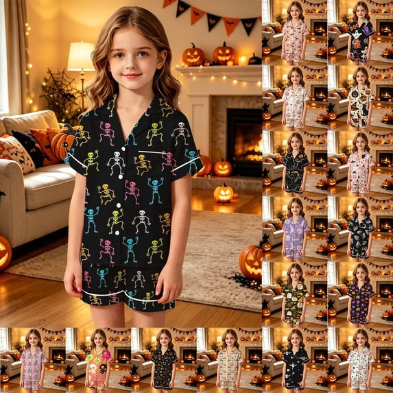 Halloween Pajamas Kids Girls, Girls Pajama Set Short Sleeve Button Down Silky Satin Boys Girls PJS Kids Sleepwear Soft Summer Nightwear Loungewear Set Halloween Gifts for 9 Months - 13 Years Kids