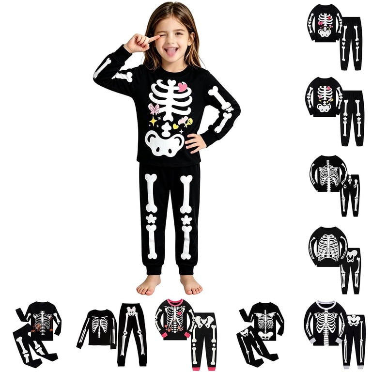 Halloween Pajamas Kids Long Sleeve Crewneck Skeleton Pajamas Graphic ...
