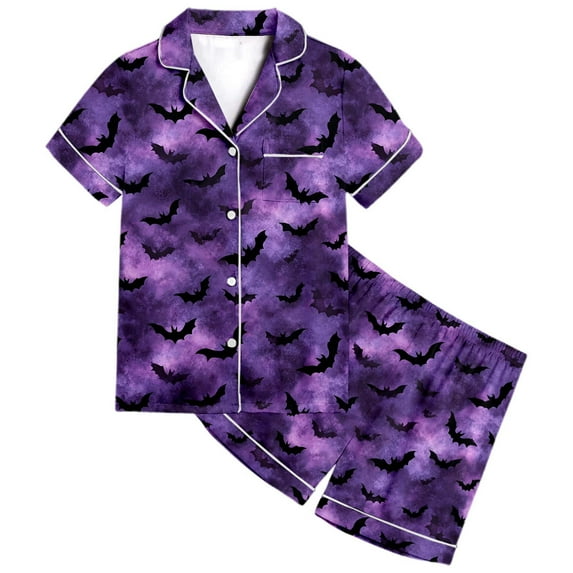 Halloween Pajamas Kids Pumpkin Ghost Bat Print Girls Pajamas Set Silk Satin Short Sleeve Button Down Loungewear with Shorts Set Kid 8-9 Years Girls Outfits Size Boys Girls Fashion
