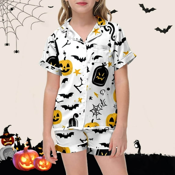 Halloween Pajamas Kids Pumpkin Ghost Bat Print Satin Pajamas for Girls Boys Short Sleeve Button-Down Sleepwear with Shorts Set Kids Pajamas for Girls 4-5 Years