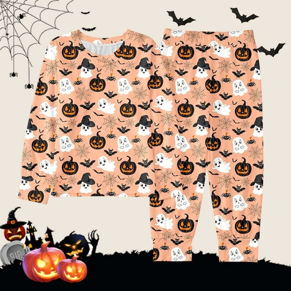 Halloween Pajamas Kids Pumpkin Ghost Print Boys Pajamas Set Long Sleeve Crewneck Pullover Top Pants Set Kid 4-5 Years Pajamas Boys Boys Girls Fashion