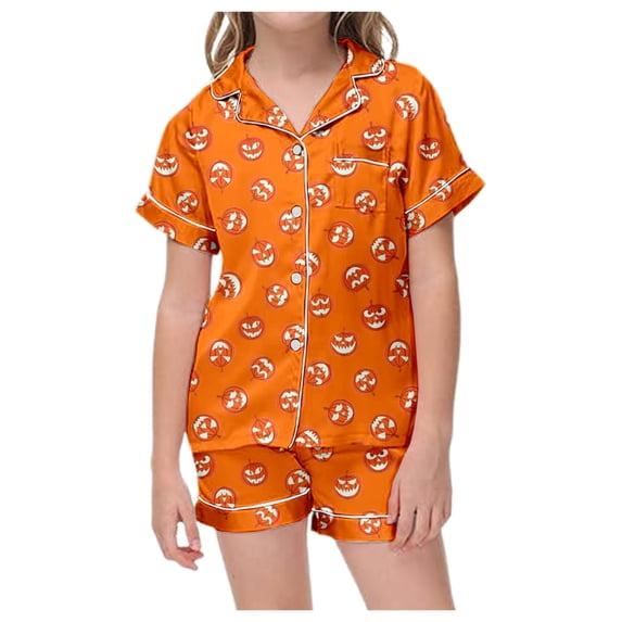 Halloween Pajamas Kids Size 1-2 Years Boys Girls Halloween Sleepwear Short Sleeve Top with Elastic Shorts Girls' Pajama Sets Orange