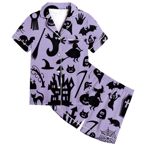 Halloween Pajamas Kids Size 10-11 Years Casual Sleepwear Pumpkin Bat Short Sleeve Top with Shorts Soft Girls Pajama Set Purple
