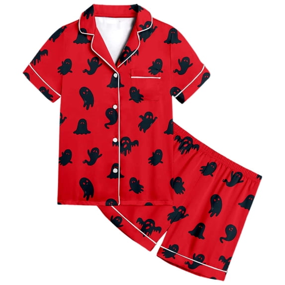 Halloween Pajamas Kids Size 12-13 Years Halloween Loungewear Short Sleeve Top and Shorts Cozy Set Girls' Pajama Sets Watermelon Red