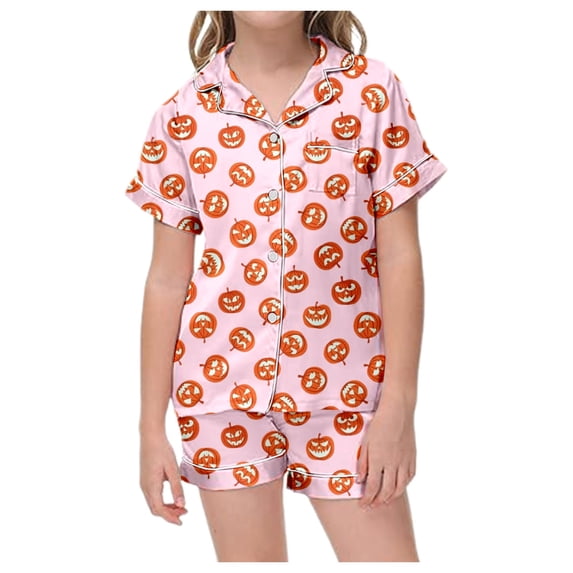 Halloween Pajamas Kids Size 2-3 Years Boys Girls Halloween Sleepwear Short Sleeve Top with Elastic Shorts Girls' Pajama Sets Light Pink