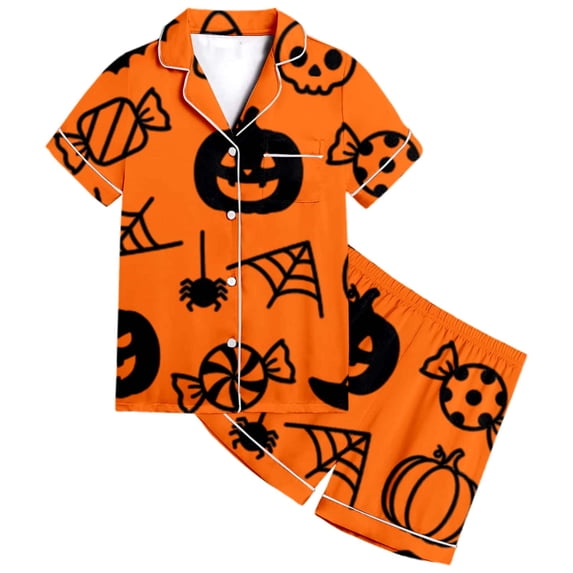 Halloween Pajamas Kids Size 2-3 Years Childrens Sleepwear Striped Short Sleeve Top and Shorts Cozy Wear Girls Pajama Set Orange