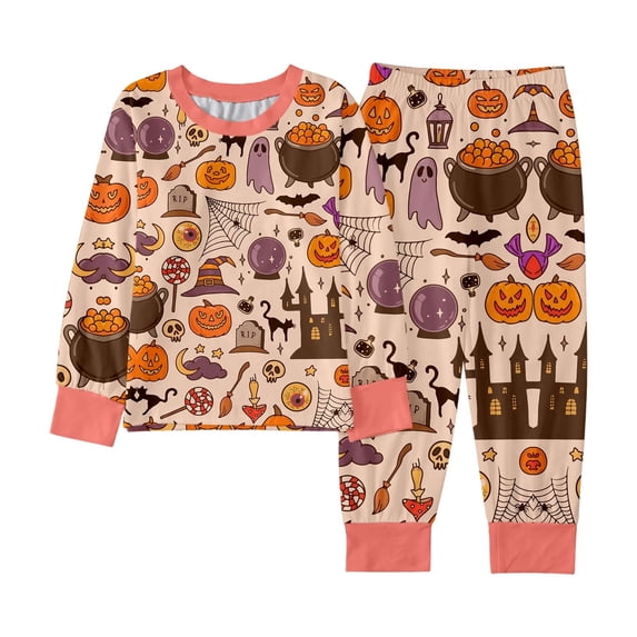 Halloween Pajamas Kids Size 4-5 Years Halloween Sleepwear Long Sleeve Top with Pants Soft Girls Pajama Set Orange