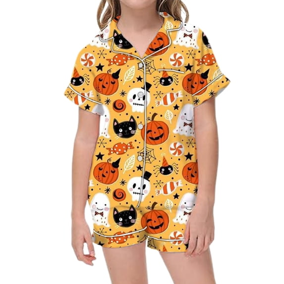 Halloween Pajamas Kids Size 6-7 Years Girls Halloween Satin Sleepwear Set Short Sleeve Top with Shorts Soft Pjs for Boys Orange