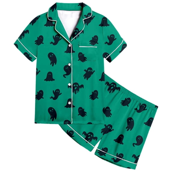 Halloween Pajamas Kids Size 6-7 Years Halloween Loungewear Short Sleeve Top and Shorts Cozy Set Pjs for Boys Green