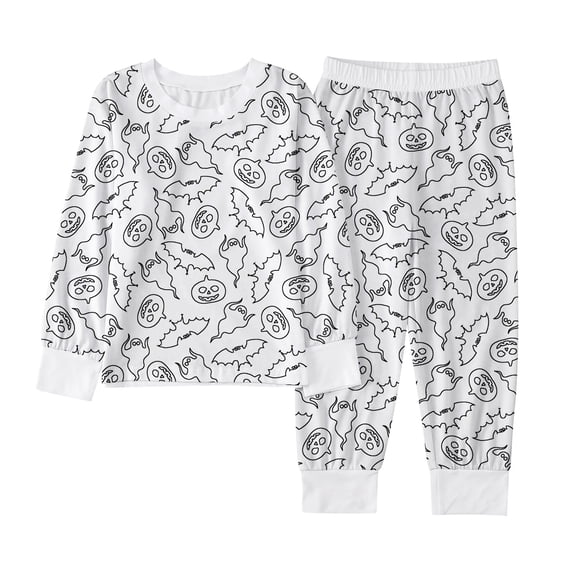 Halloween Pajamas Kids Size 7-8 Years Halloween Diy Sleepwear Long Sleeve Top with Pants Cozy Set Girls Pjs White2
