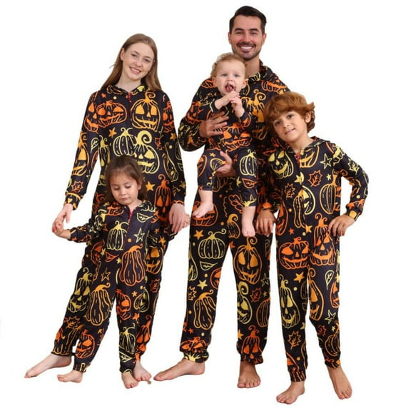 GYRATEDREAM Family Matching Halloween Jumpsuit Pajamas, Funny Skeleton Pumpkin Printed Hooded Zipper PJs Loungewear for Men/Women/Kids/Baby One-pieces