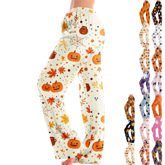 Halloween Pajamas Pants for Women Cute Fall Harvest Prints Soft Pajama Pants Lounge Drawstring Elastic Holiday Pj Pants Women Yellow S
