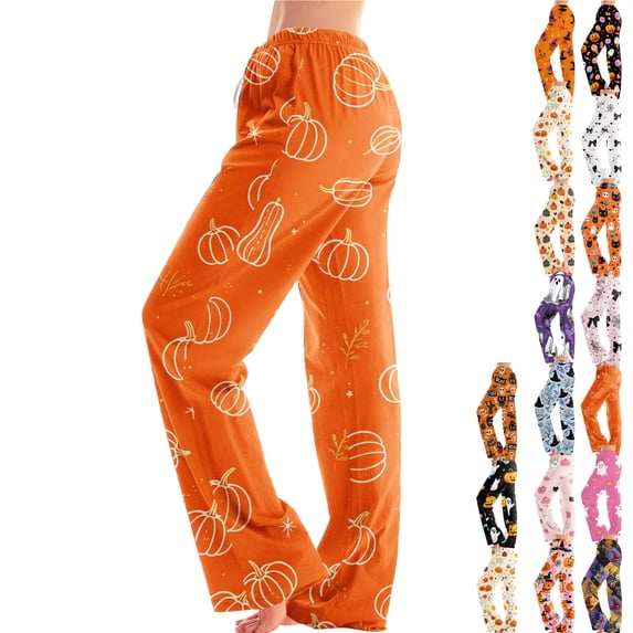 Halloween Pajamas Pants for Women Cute Halloween Pumpkin Soft Lounge Pj Bottoms Drawstring Elastic Festival Pj Pants Women Saffron XL