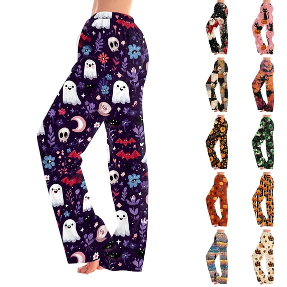 Halloween Pajamas Pants for Women Ladies Drawstring Pumpkins Ghost Pajama Cute Soft Long Wide Leg Pj Pants Dark Purple 2XL