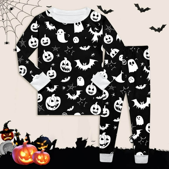 Halloween Pajamas Set Ghost Pumpkin Print Boys Pajamas Set Long Sleeve Crewneck Pullover Top Nightwear with Pants Set Kids Girl Pajamas Size 8 Years