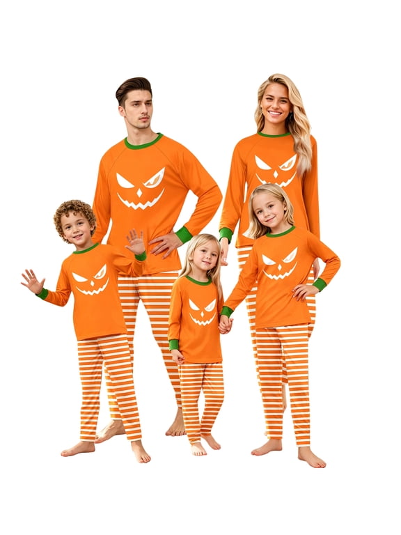 Halloween Pajamas Set Long Sleeve Sleepwear Pumpkin Loungewear Outfit,Orange Evil Face Raglan Sleeve Top Striped Long Pants Soft Apparel,Festive Autumn Spooky Nightwear Housewear Suit