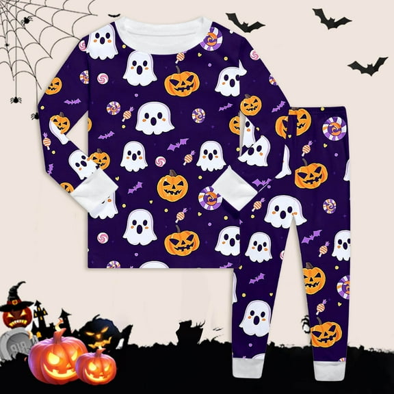 Halloween Pajamas Set Pumpkin Ghost Bat Print Girl Pajamas Set Crewneck Long Sleeve Top Shirts Pants Set Kids 8 Years Pajamas Boy