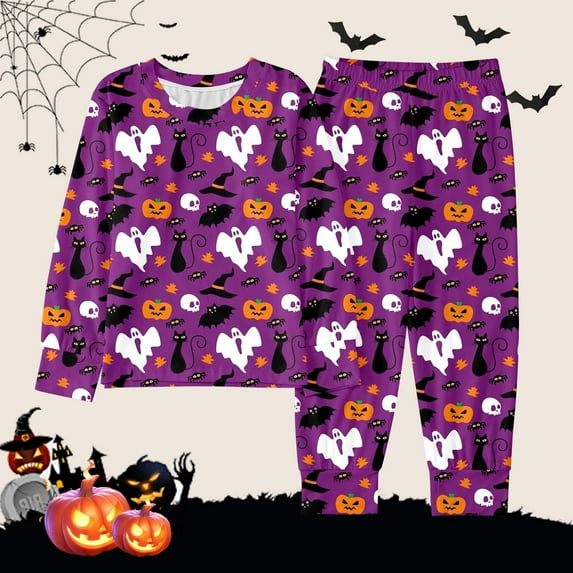 Halloween Pajamas Set Pumpkin Ghost Bat Print Pajamas Set Crewneck Long Sleeve Top Shirts Pants Set Toddler Pajamas for Girls 2-3 Years Boys Girls Fashion