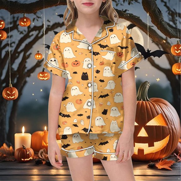 Halloween Pajamas Set Pumpkin Ghost Bat Print Satin Pjs Short Sleeve Button-Down Nightwear with Shorts Set Tween Girls Pjs Size 10-11 Years