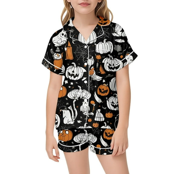 Halloween Pajamas Set Pumpkin Ghost Bat Print Satin Pjs Short Sleeve Button-Down Shirts Shorts Set Tween 12-13 Years Pajamas Boy