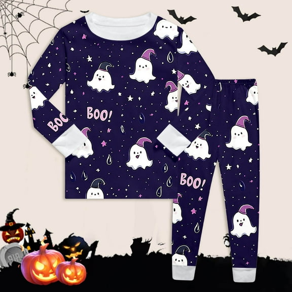Halloween Pajamas Set Pumpkin Ghost Print Boys Pajamas Set Long Sleeve Crewneck Pullover Top Shirts and Pants Set Toddler Pajamas Girls 3 Years