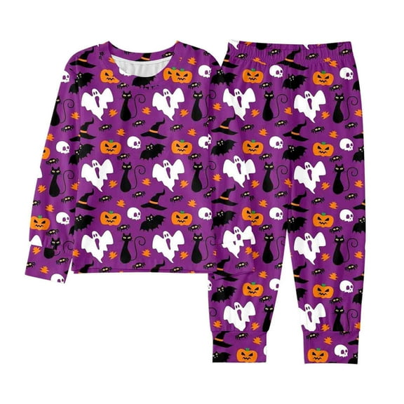 Halloween Pajamas Set Pumpkin Ghost Print Girls Pajamas Set Long Sleeve Crewneck Pullover Top Pants Set Kids Girls Clothes Size 5-6 Years