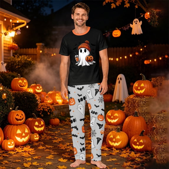 Halloween Pajamas Set for Family Castle Candy Crew Neck Horror Pajamas Skeleton Ghost Spooky Wide Leg Loungewear, Men:XL
