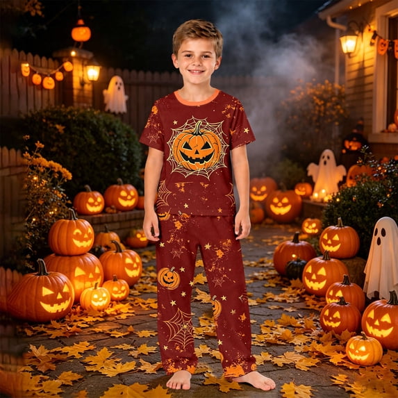 Halloween Pajamas Set for Family Skeleton Witch Hat Short Sleeve Spooky Pajamas Skull Bat Horror Wide Leg Loungewear, Kids:8 Years