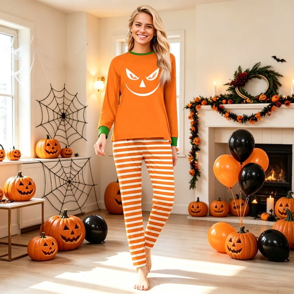 Halloween Pajamas Set for Family Spider Web Witch Hat Crew Neck Spooky Pajamas Bat Skull Funny Straight Leg Pjs, Women:2XL