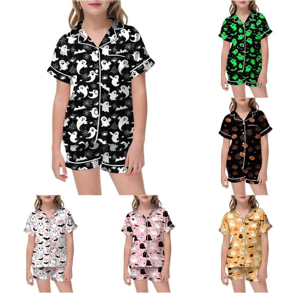Halloween Pajamas Tween 2Pcs Soft Breathable Silk Satin Pjs Set Button Down Short Sleeve Loungewear