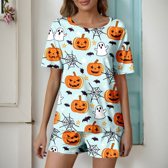 Halloween Pajamas Two Piece Milk Protein Fiber Pjs Women Halloween Button Down Short Sets For Women Loungewear For Women Women Outfits Sets