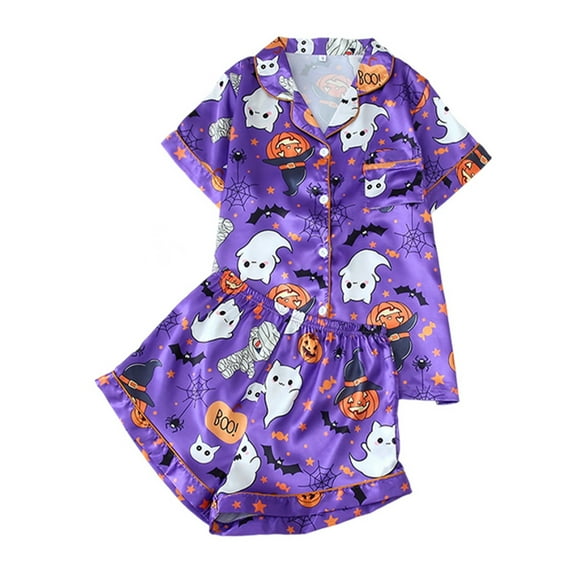 Halloween Pajamas Two Piece Silk Satin Soft Sleepwear Outfits Bat Skeleton Printed Button Up Pajamas for Women Short Sets Lounge Wear for Women Women's Pajamas Sleep & Lounge