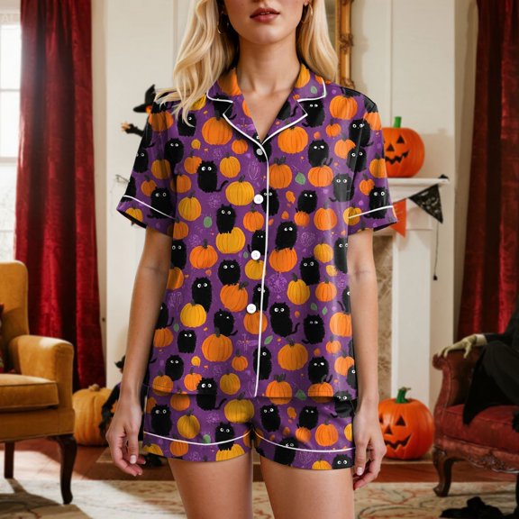 Halloween Pajamas Women 2 Pcs Silk Pijamas Women Set Bat Skeleton Printed Button Down Nightgown Short Sets For Women Lounge Sets Women'S Pajamas Sleep & Lounge