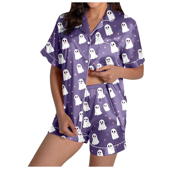 Halloween Pajamas Women 2 Pcs Silk Pjs Women Halloween Button Down Short Pajama Set For Women Lounge Sets Women'S Sleepwear