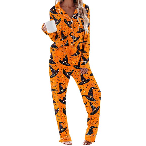 Halloween Pajamas Women 2 Piece Pant Sets Long Sleeve Button Up Shirt and Bottoms Pjs Outfits with Halloween Prints, L Style #H