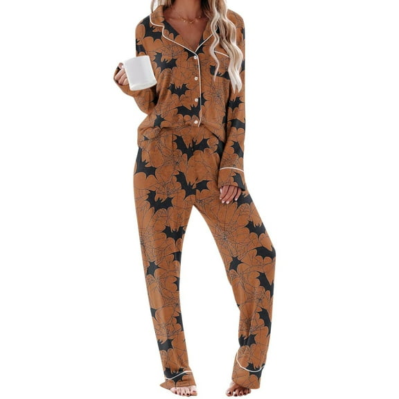 Halloween Pajamas Women 2 Piece Pant Sets Long Sleeve Button Up Shirt and Bottoms Pjs Outfits with Halloween Prints, M Style #D