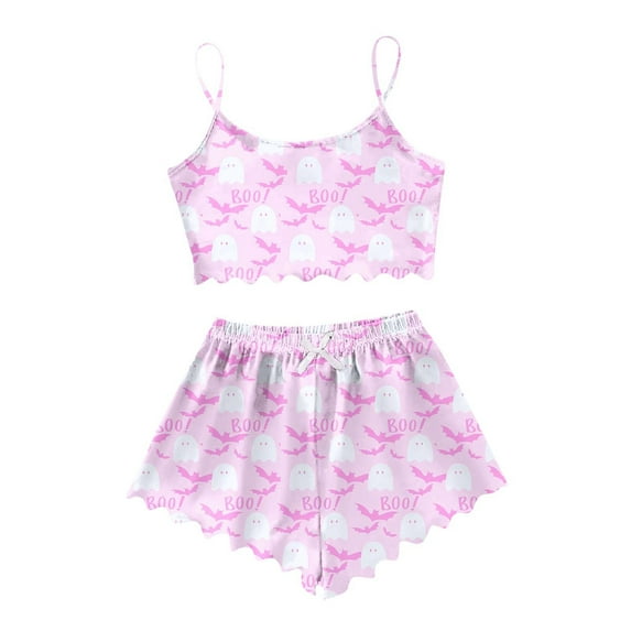 Halloween Pajamas Women 2 Piece Pjs Set Cute Print Spaghetti Strap Lettuce Trim Cami Shorts Halloween Pjs Women Light Pink XL