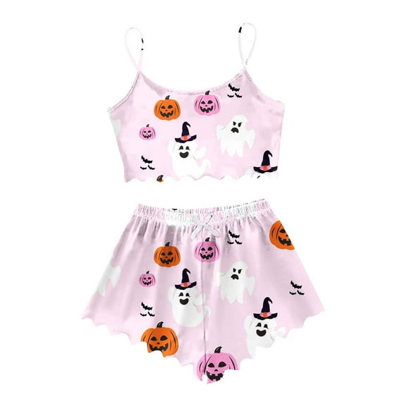 Halloween Pajamas Women 2 Piece Pjs Set Cute Print Spaghetti Strap Lettuce Trim Cami Shorts Halloween Pjs Women Orange L