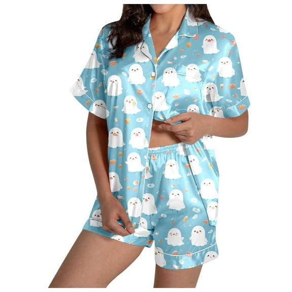 Halloween Pajamas Women 2 Piece Satin Pajama Set Halloween Button Down Shorts Pajama Set For Women Womens Loungewear Cute Pajamas