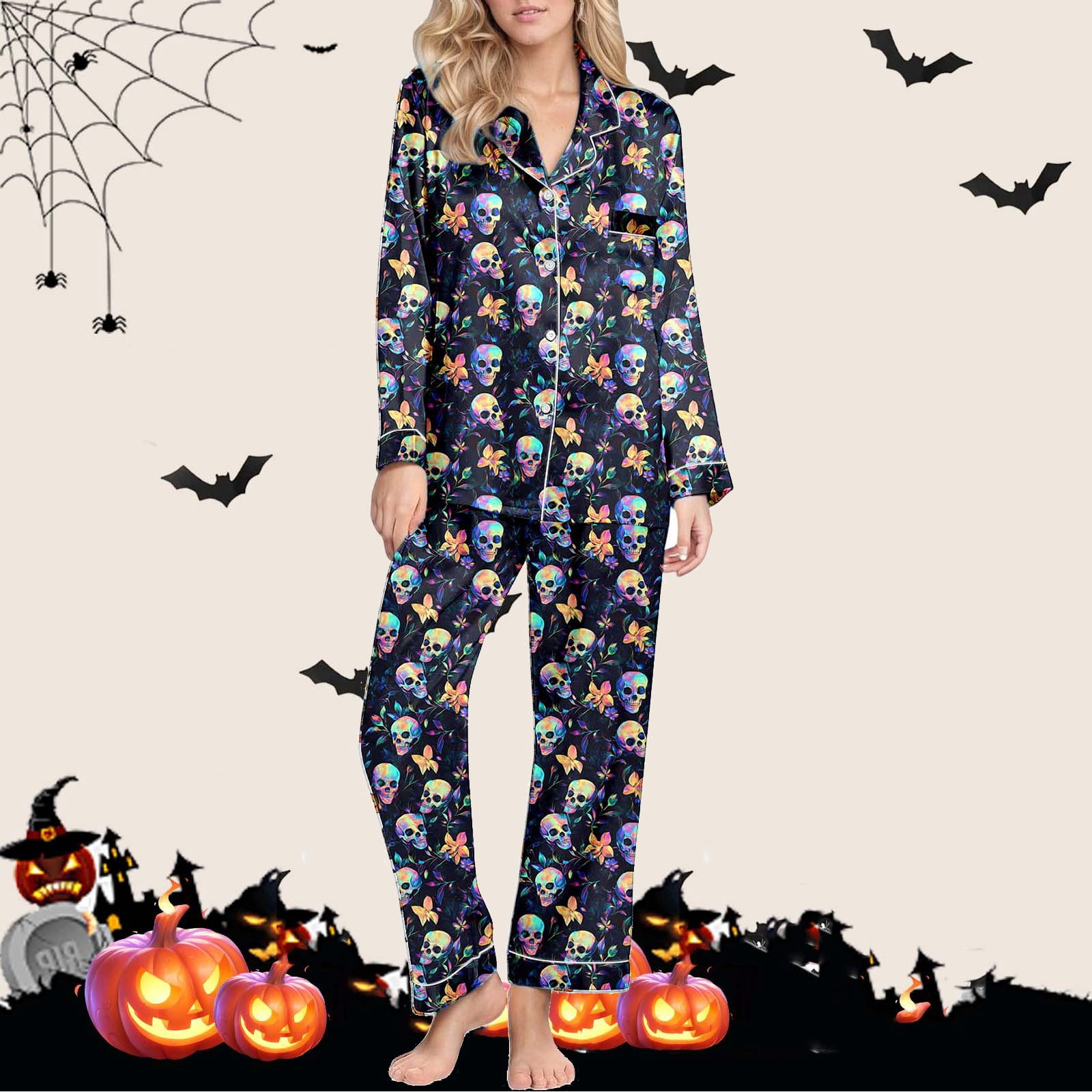 Orange Halloween Print Lapel Shirt Long 2pcs Pajama Set main image 1