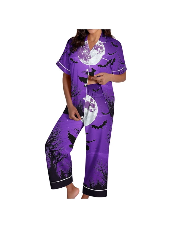 Halloween Pajamas Women 2 Piece Set Cute Funny Print Button Lapel Short Sleeve Sleepwear Matching Pants Outfit Soft Loungewear for Bedtime Lounging Fall Wear Parties Purple S