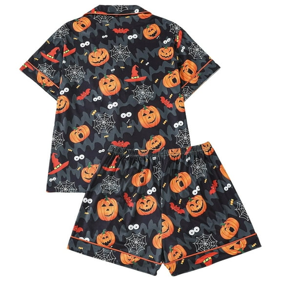 Halloween Pajamas Women 2 Piece Set Cute Print Soft Short Sleeve Notch Collar Button Shirt and Shorts Relaxed Fit Women's Sleepwear