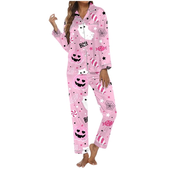 Halloween Pajamas Women 2 Piece Set Funny Print Long Sleeve Button Sleepwear Comfy Long Pants Relaxed Fit Cute Lounge Sets