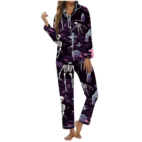 Halloween Pajamas Women 2 Piece Set Funny Print Long Sleeve Button Sleepwear Comfy Long Pants Relaxed Fit Womens Lounge Set