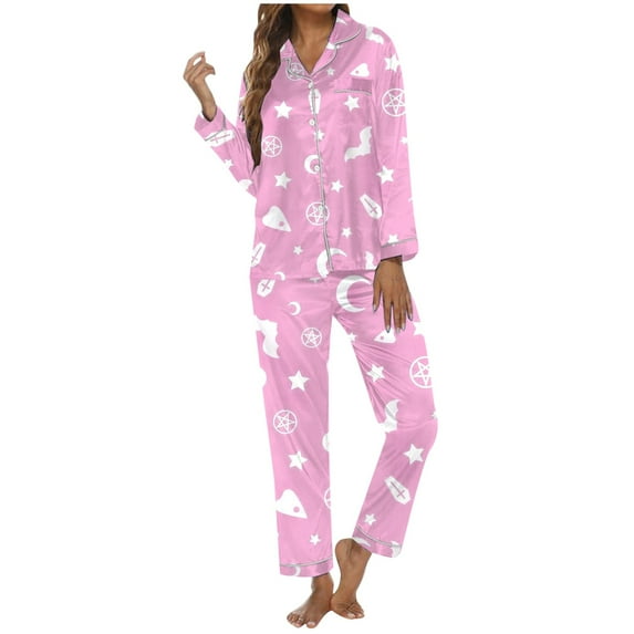 Halloween Pajamas Women 2 Piece Set Funny Print Long Sleeve Button Sleepwear Comfy Long Pants Relaxed Fit Womens Sleepwear