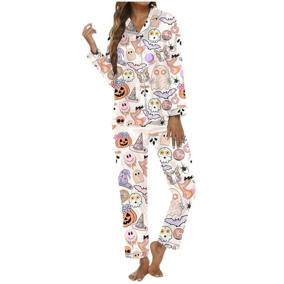 Halloween Pajamas Women 2 Piece Set Funny Print Long Sleeve Button Sleepwear Soft Long Pants Relaxed Fit Cute Pj Sets Woman