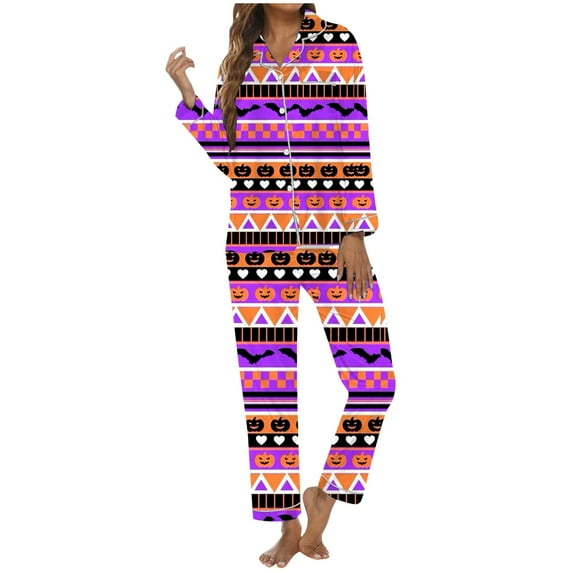 Halloween Pajamas Women 2 Piece Set Funny Print Long Sleeve Button Sleepwear Soft Long Pants Relaxed Fit Women Pjs Sets