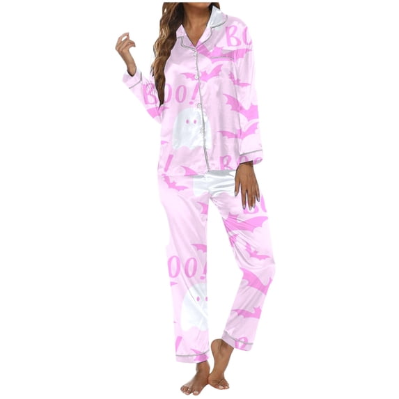 Halloween Pajamas Women 2 Piece Set Funny Print Long Sleeve Button Sleepwear Soft Long Pants Relaxed Fit Womens Lounge Sets