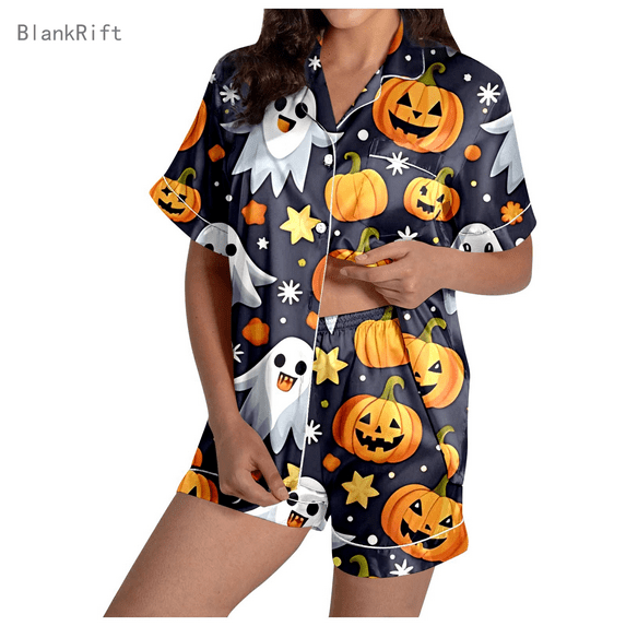 Halloween Pajamas Women 2 Piece Set Ghost Print Graphic Thin Relaxed Fit Button Short Sleeve Shirts and Shorts Soft Womens Pj Set White M
